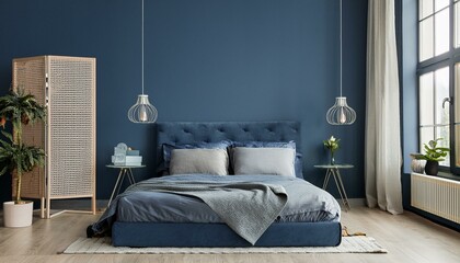 Home mockup, cozy dark blue bedroom interior background, 3d render