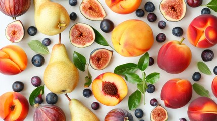 A flat lay of assorted fresh and dried fruits, including pears, peaches, and figs, on a white table. Perfect for a healthy snack