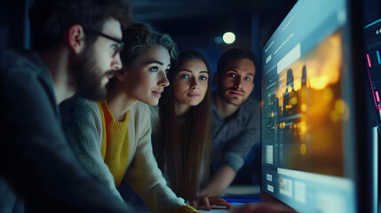 A group of diverse colleagues working together on a digital presentation all focused on the screen.