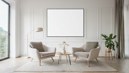 Mockup frame in modern interior, white room with contemporary furniture, 3d render