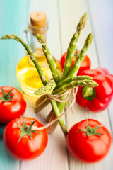 asparagus on blue wood background