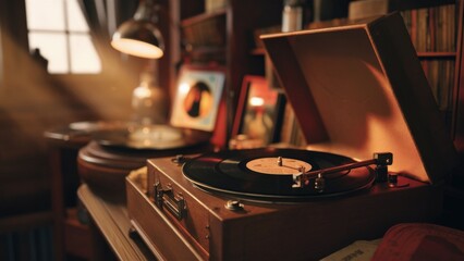 intage record player in cozy room with vinyl and nostalgic decor