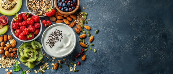 A vibrant arrangement of fresh fruits, nuts, and yogurt, perfect for a healthy breakfast or snack on a dark textured background.