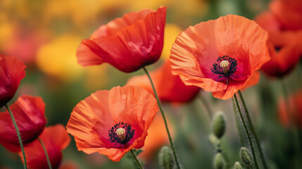 Obraz premium closeup of california poppies, rich magazine photo, soft focus lens style, bold color, idealized beauty, against a California style background of a field of red poppies 
