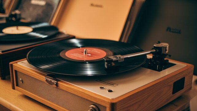 Close-up of a vinyl record spinning on a vintage turntable in warm lighting