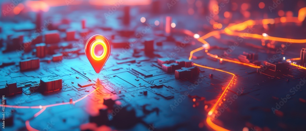 Poster a vibrant, digital map with glowing pathways and a location marker, symbolizing navigation and techn