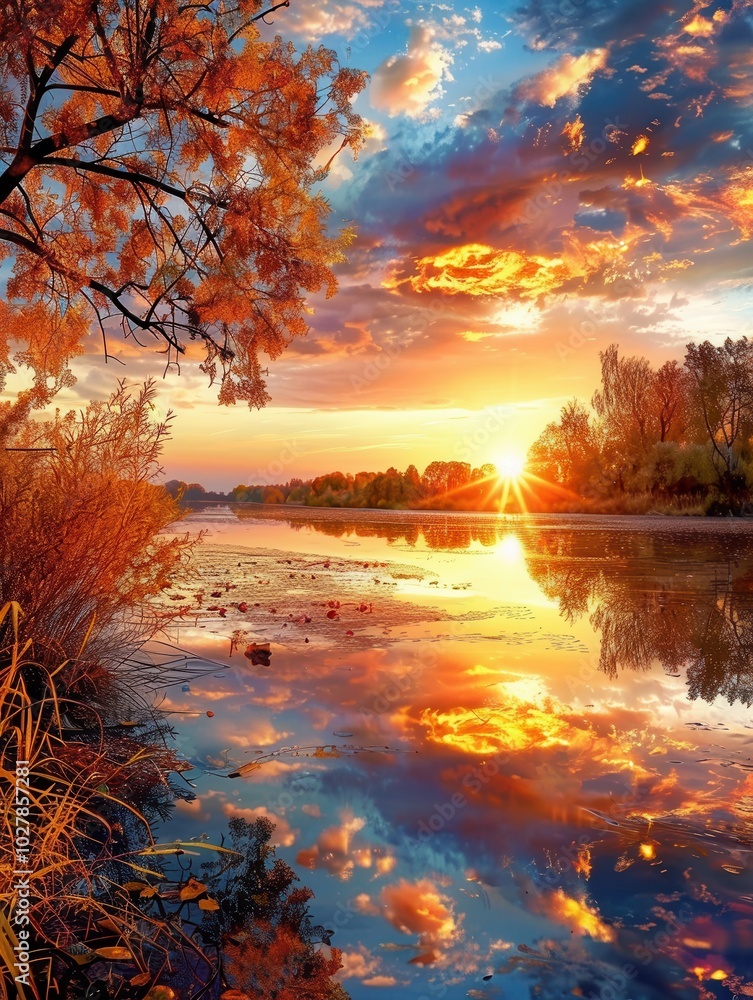 Poster the sky glows with rich autumn hues as the sun sets, casting reflections on the tranquil river surro