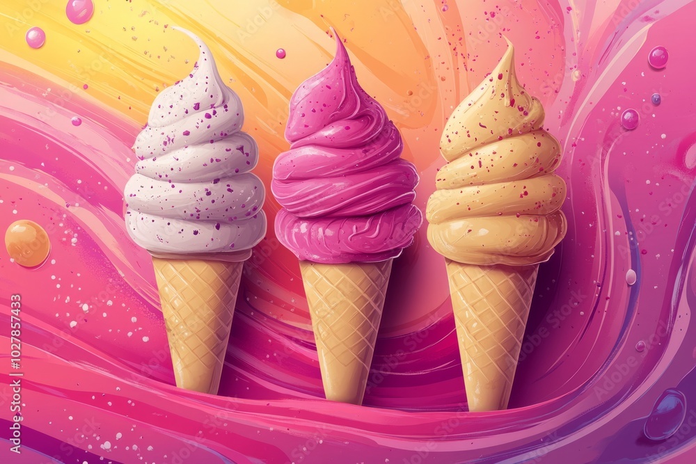 Aufkleber three soft serve ice cream cones melting on colorful background