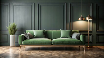 green, dark wall, sleek, sofa, decor, A medium shot of a contemporary green sofa with sleek decor against a dark wall