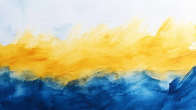 Abstract watercolor brush strokes in blue and yellow, summer feel, paper texture