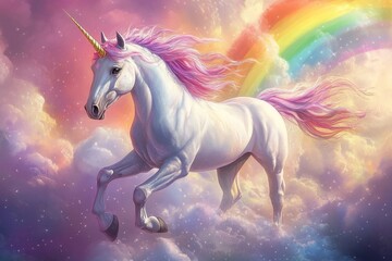 White unicorn galloping through a sparkling sky with rainbow