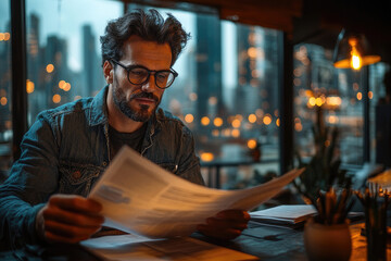 Obraz premium Man Reading Paper at Desk in Cityscape Setting