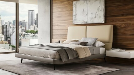 Bedroom with a modern touch featuring wooden walls, white and grey bed frame, beige headboard, and city view windows