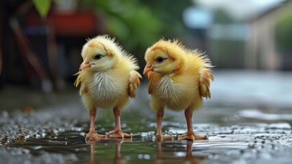 Two fluffy yellow chicks standing on wet ground, reflecting in a small puddle after rain