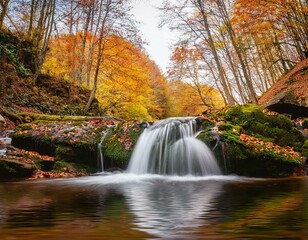 Obraz premium small waterfall on autumn day in forest