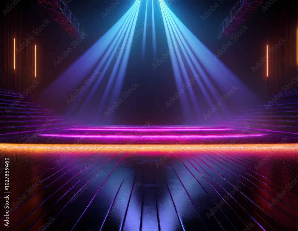 Poster stage with lights reflective on the floor in the dark 3d rendering
