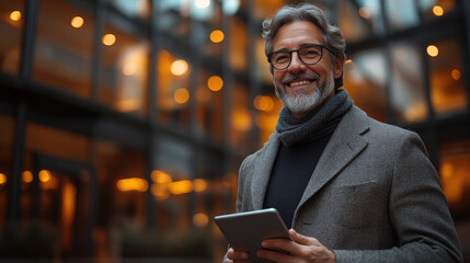 Smiling Man Holding Tablet in City Setting