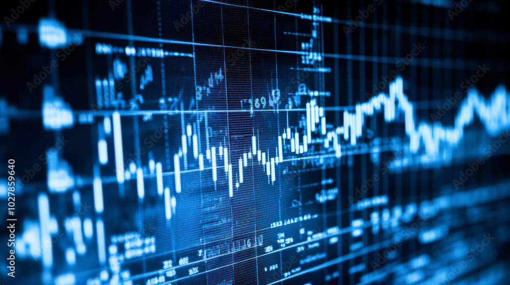 Poster a blue chart showing how stock prices move up and down over time. this chart is used by businesses t