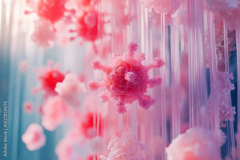 Poster an artistic representation of colorful virus structures, highlighting the blend of science and creat