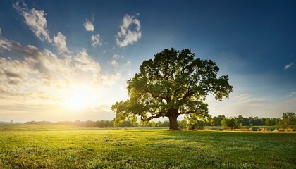 Obraz premium summer or autumn nature background big old oak tree against sunlight