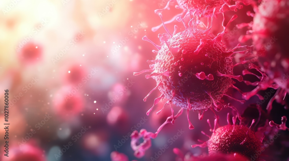 Poster close-up view of virus particles in vibrant colors, highlighting their intricate structures and biol