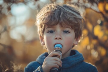 Young boy using inhaler for asthma treatment outdoors