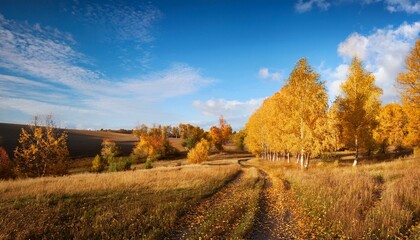 sunny autumn landscape with golden trees and blue sky in countryside