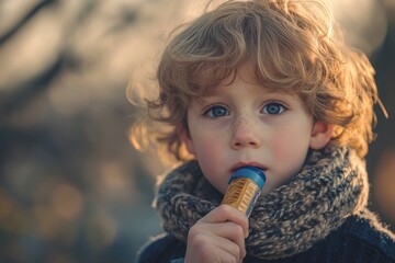 Portrait of boy using respiratory relief inhaler for asthma treatment