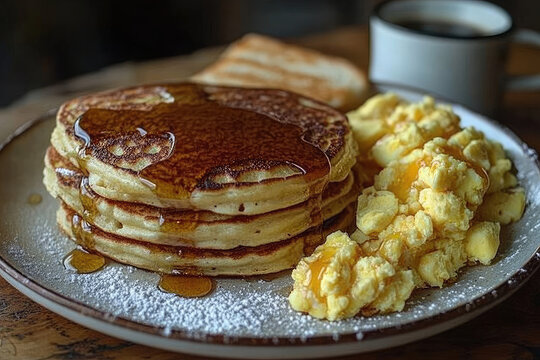 Fluffy Pancakes with Scrambled Eggs and Syrup - A Delicious Breakfast