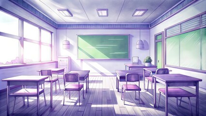 Fototapeta premium An Empty Anime Classroom with Sunlight Streaming Through Windows