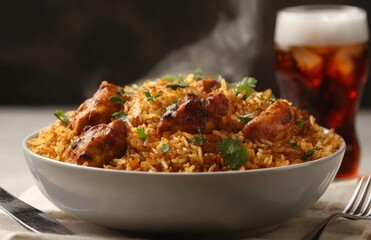 Delicious Chicken Biryani with Hot Steam and Refreshing Cola