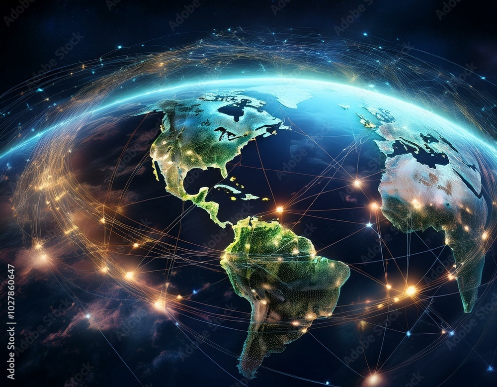 Poster the idea of global interconnectedness is illustrated by a network of communication lines that encirc