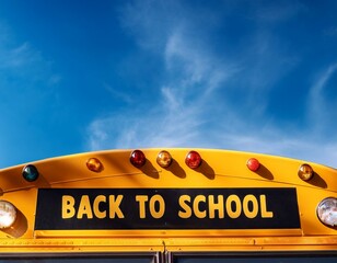top of a yellow school bus with lights and text closeup against blue sky in the fall back to school concept copy space