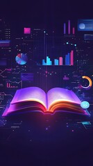 Obraz premium An open book with colorful graphs and charts floating above it, representing data science in business history
