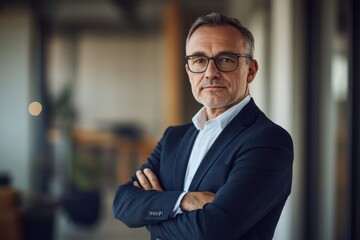 Fototapeta premium A confident professional man stands with his arms crossed in an office setting. He wears glasses and a smart jacket. This image captures determination and style. Generative AI