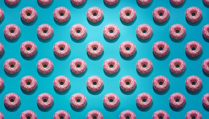 trendy sunlight summer pattern made with pink doughnut inflatable toy on bright light blue background minimal summer concept