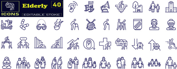 Elderly icon set. Containing senior, retirement, caregiver, accessibility, health, care, pensioner icons .