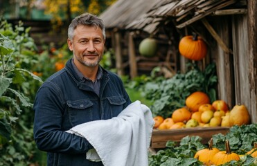 Man Holding White Towel in Garden Near Wooden Houses