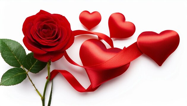 valentine s day design elements isolated on white background rose flower and pairs of red hearts red silk ribbon with natural transparent shadow on white background clipping path