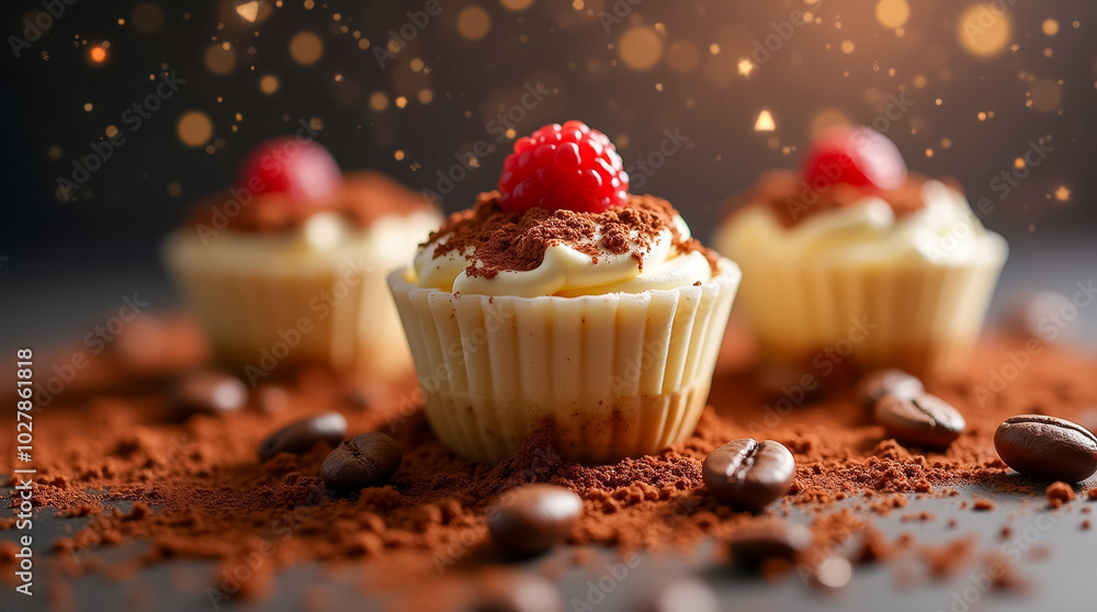 Poster mini cheesecakes with creamy toppings and raspberry garnishes are arranged on a dark surface, surrou