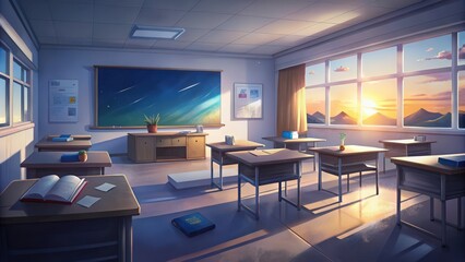 Fototapeta premium An Empty Classroom Bathed in the Warm Glow of Sunset with a View of Mountains Through Large Windows