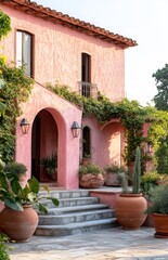 Fototapeta premium Charming Pink Stucco Villa with Lush Green Garden