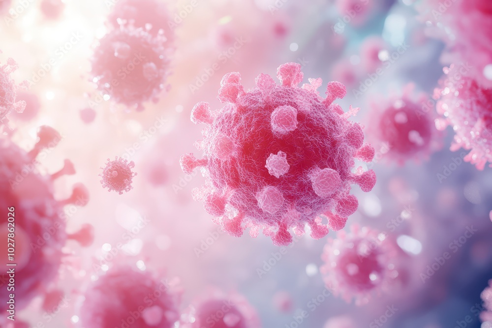 Poster detailed close-up view of a virus under microscopic analysis, showcasing vibrant colors and intricat