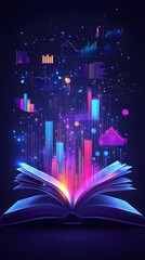 An open book with colorful graphs and charts floating above it, representing data science in business history