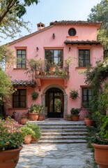 Fototapeta premium Charming Pink Stucco Villa with Lush Green Garden