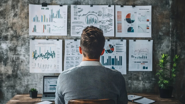 A businessman is carefully studying financial data and growth charts. He's planning how to improve his business, manage money wisely, and make smart investments.