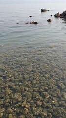Clear water shoreline with rocks visible beneath the surface on a calm day