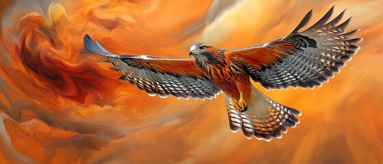 A majestic hawk soaring through a dramatic orange sky, showcasing its powerful wings and vibrant plumage, symbolizing freedom and strength.
