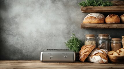 A collection of artisan breads displayed on wooden shelves and a table. The scene includes a rustic toaster, jars, and herbs, presenting a warm, inviting kitchen atmosphere.