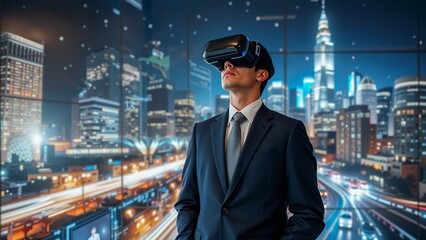 Fototapeta premium Immersed in Virtual Cityscape, A businessman wearing a VR headset stands before a towering screen displaying a vibrant cityscape at night.